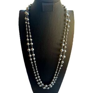 Set 2 Vintage Silvery Blue Faux Pearl Long Necklaces 37" 38"